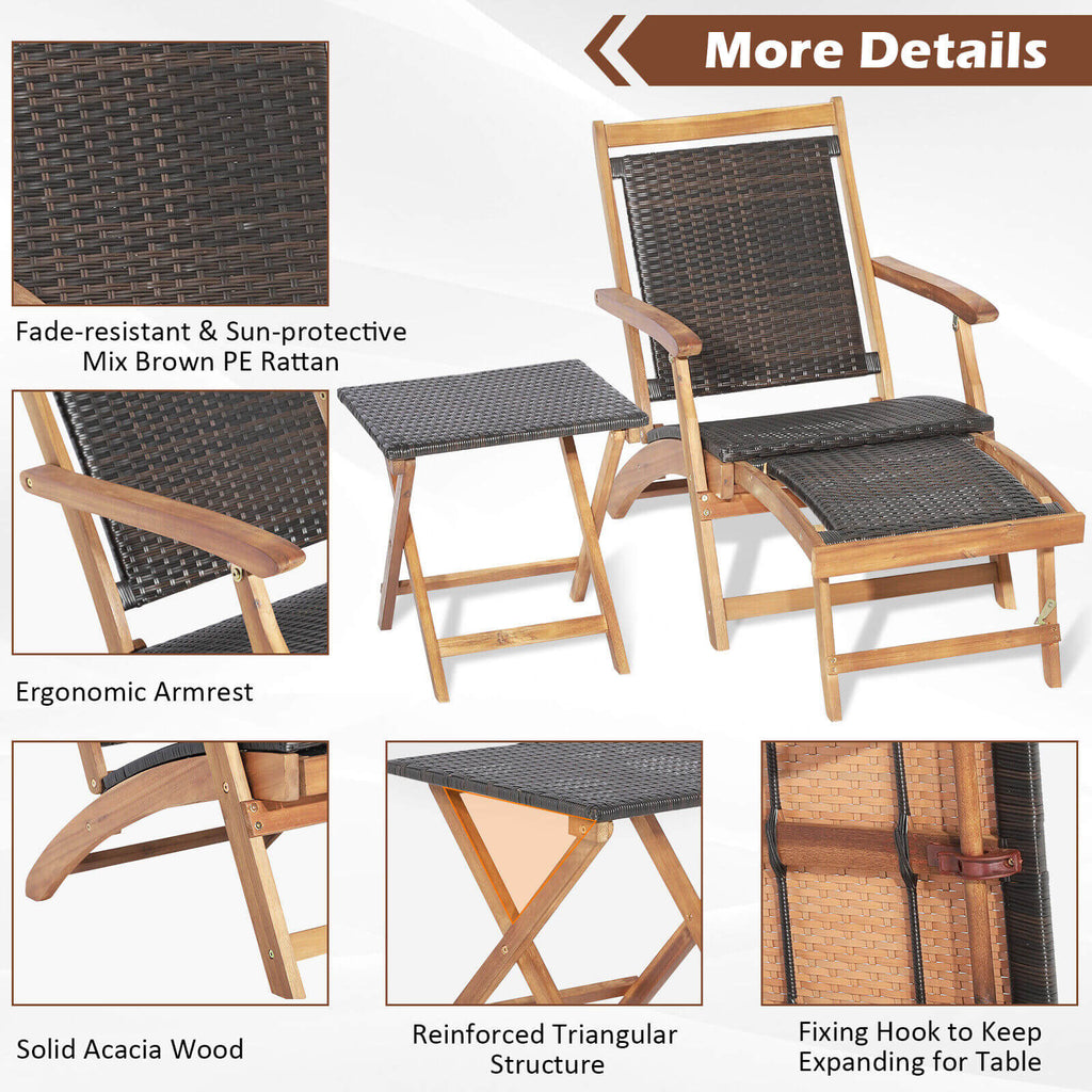 3 Pieces Patio Rattan Folding Lounge Chair Set of 2 with Acacia Wood Table