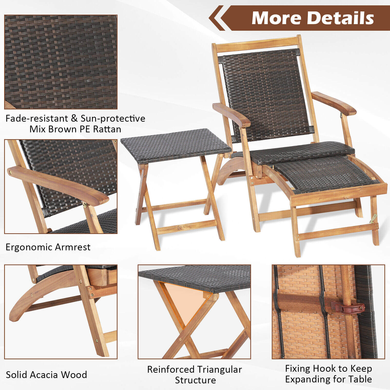 3 Pieces Patio Rattan Folding Lounge Chair Set of 2 with Acacia Wood Table