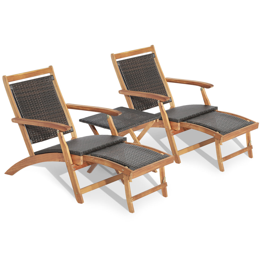 3 Pieces Patio Rattan Folding Lounge Chair Set of 2 with Acacia Wood Table