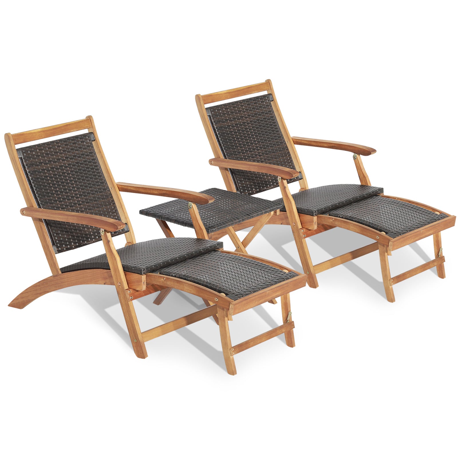 3 Pieces Patio Rattan Folding Lounge Chair Set of 2 with Acacia Wood Table