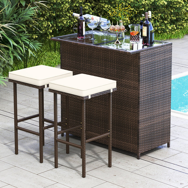 3 Pieces Patio Rattan Wicker Bar Table Stools Dining Set