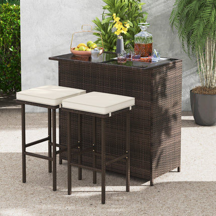 3 Pieces Patio Rattan Wicker Bar Table Stools Dining Set
