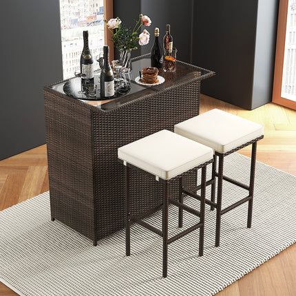 3 Pieces Patio Rattan Wicker Bar Table Stools Dining Set