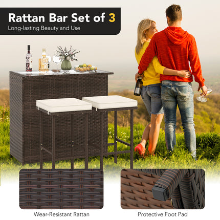 3 Pieces Patio Rattan Wicker Bar Table Stools Dining Set