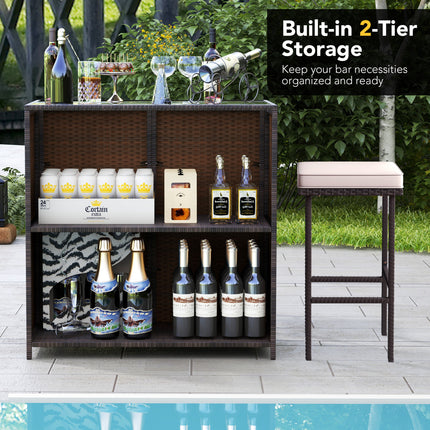 3 Pieces Patio Rattan Wicker Bar Table Stools Dining Set