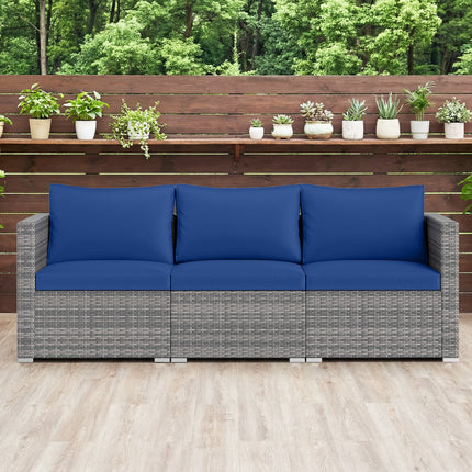 3 Pieces Patio Sectional Sofa Set PE Rattan Modular Couch Furniture Set with Soft Cushions-Navy