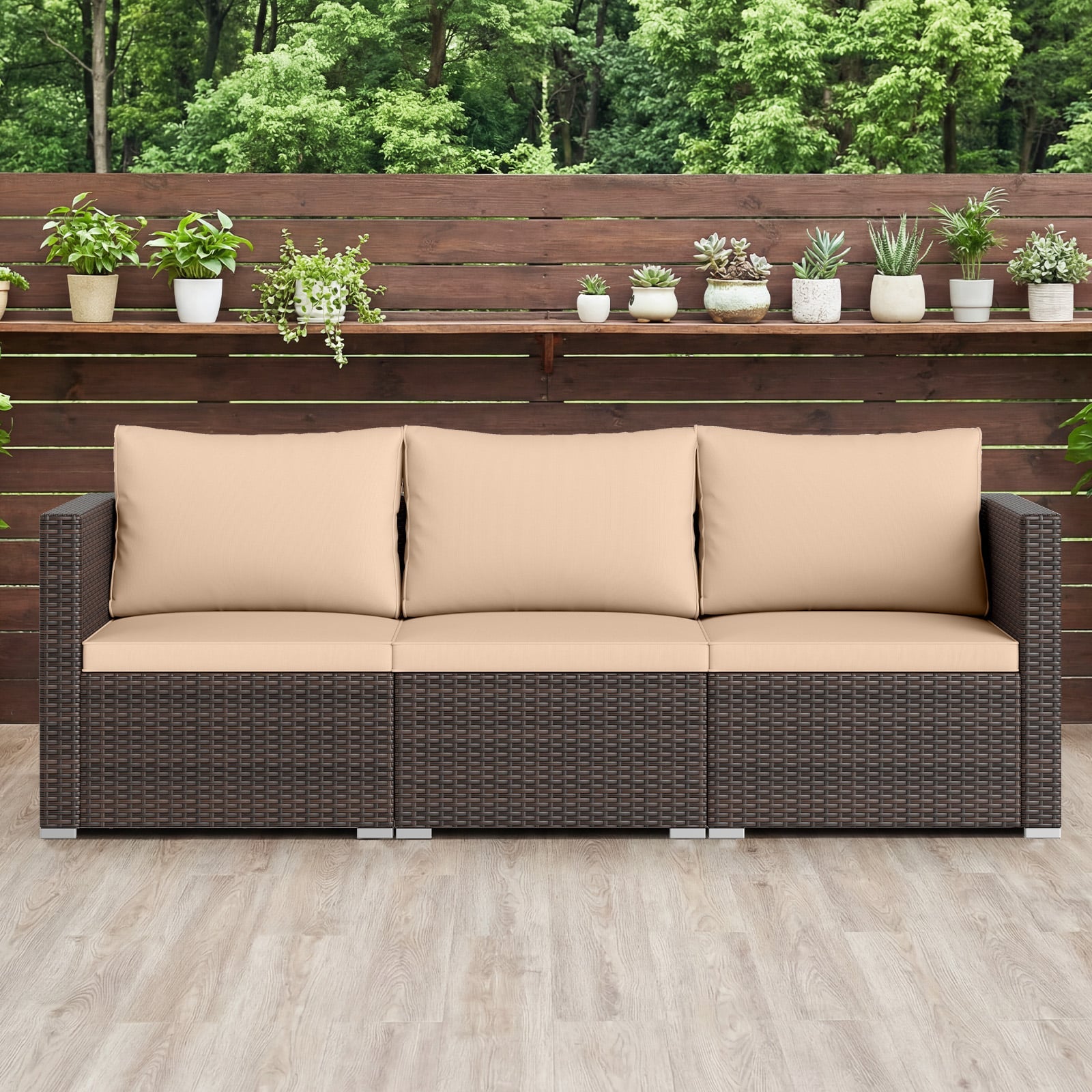 Ensemble de canapé d'angle de terrasse 3 pièces avec coussins moelleux - Beige