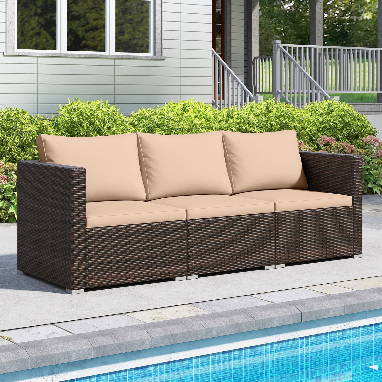 Ensemble de canapé d'angle de terrasse 3 pièces avec coussins moelleux - Beige