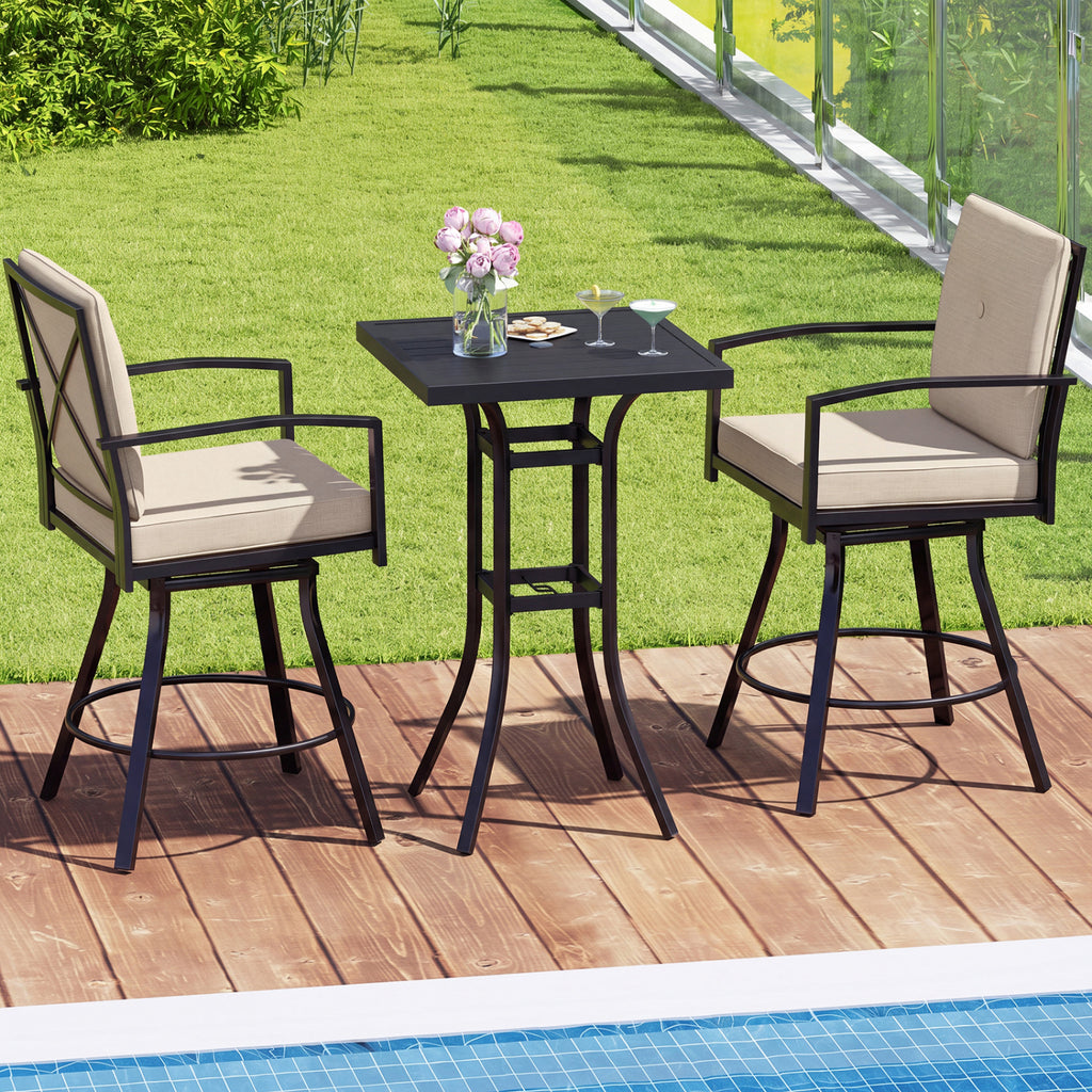 3 Pieces Patio Swivel Bar Set with Soft Cushions and Umbrella Hole-Beige