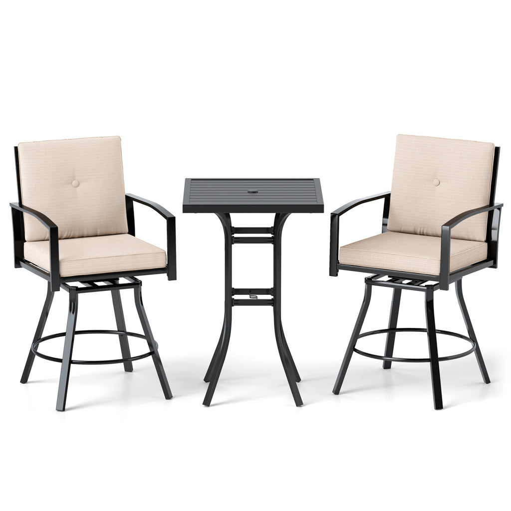 3 Pieces Patio Swivel Bar Set with Soft Cushions and Umbrella Hole-Beige