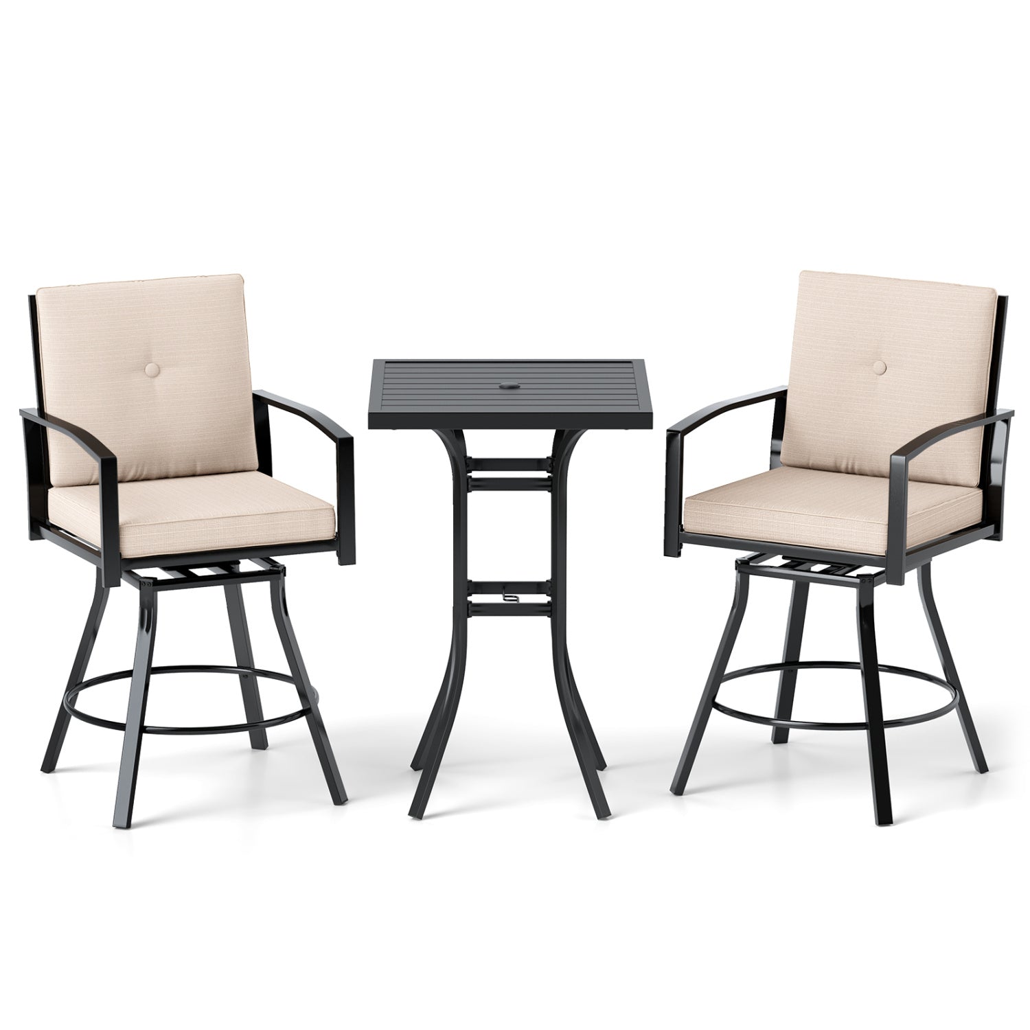 3 Pieces Patio Swivel Bar Set with Soft Cushions and Umbrella Hole-Beige