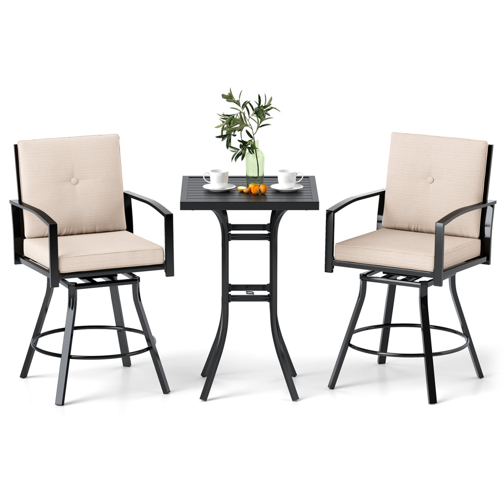 3 Pieces Patio Swivel Bar Set with Soft Cushions and Umbrella Hole-Beige
