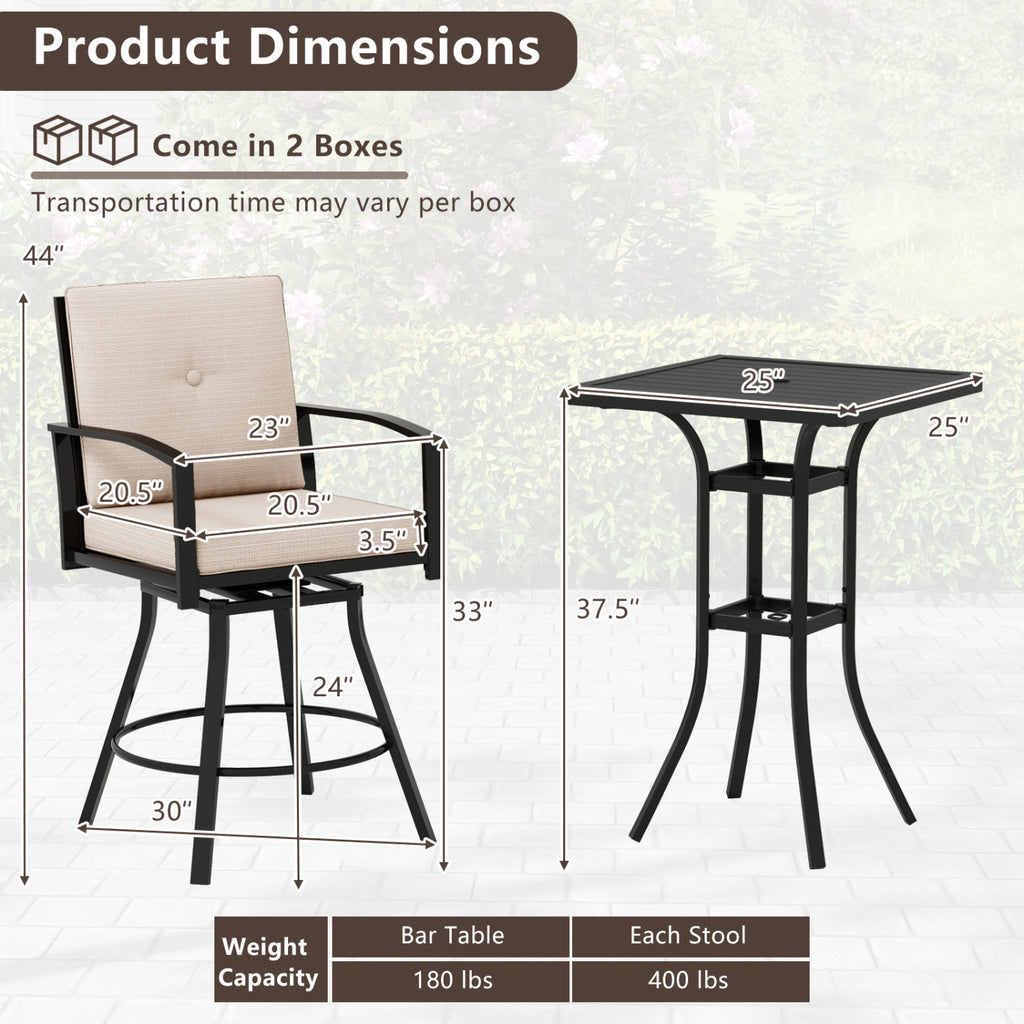 3 Pieces Patio Swivel Bar Set with Soft Cushions and Umbrella Hole-Beige