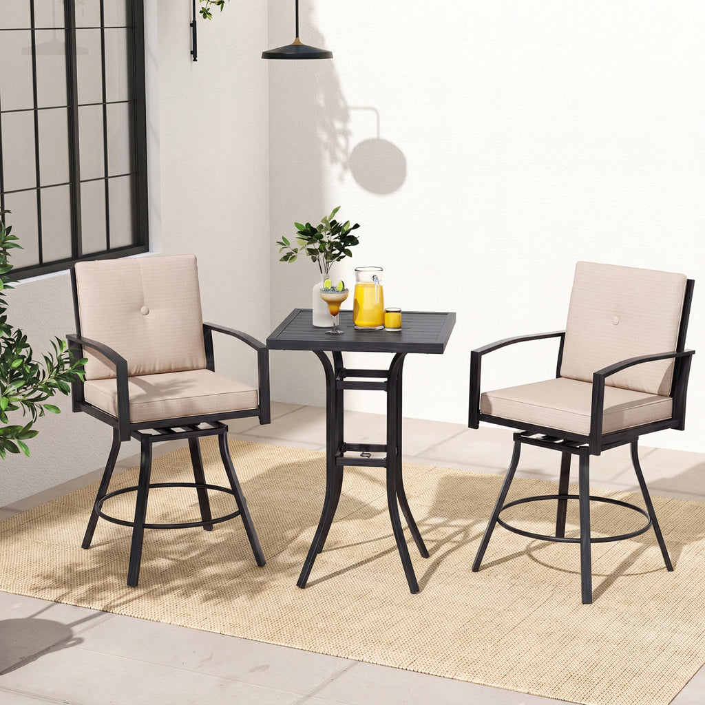 3 Pieces Patio Swivel Bar Set with Soft Cushions and Umbrella Hole-Beige