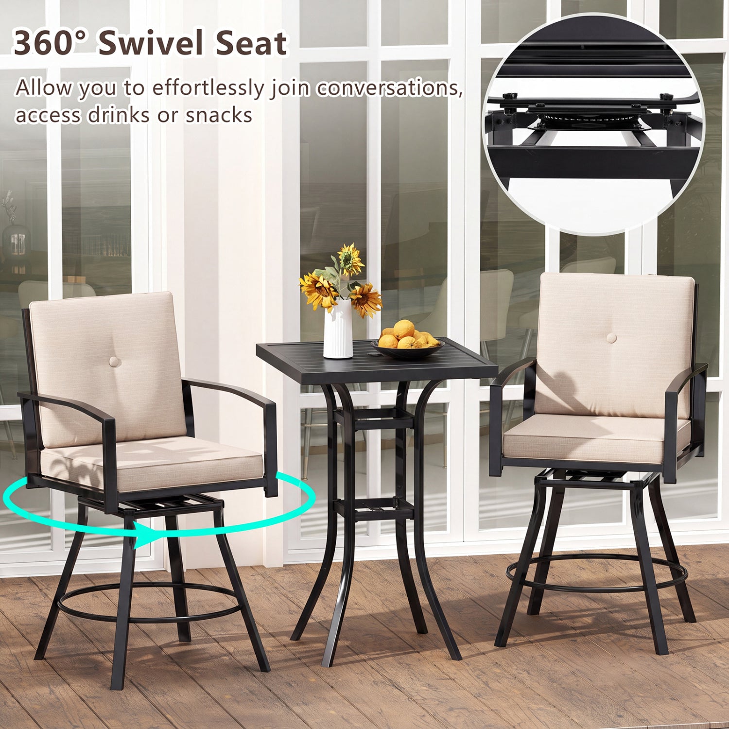 3 Pieces Patio Swivel Bar Set with Soft Cushions and Umbrella Hole-Beige