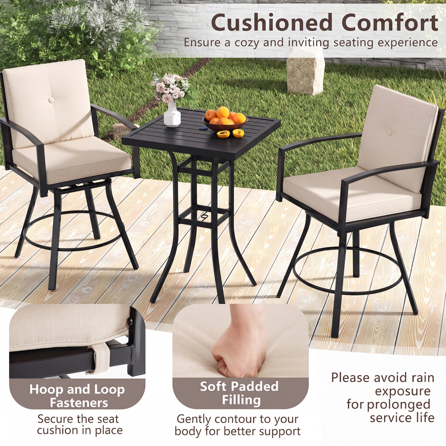 3 Pieces Patio Swivel Bar Set with Soft Cushions and Umbrella Hole-Beige