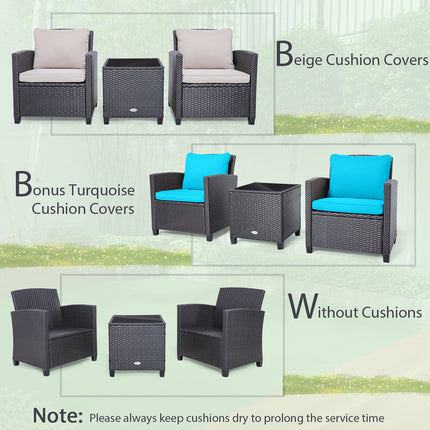 3 Pieces Rattan Patio Furniture Set with Washable Cushion-Beige & Turquoise
