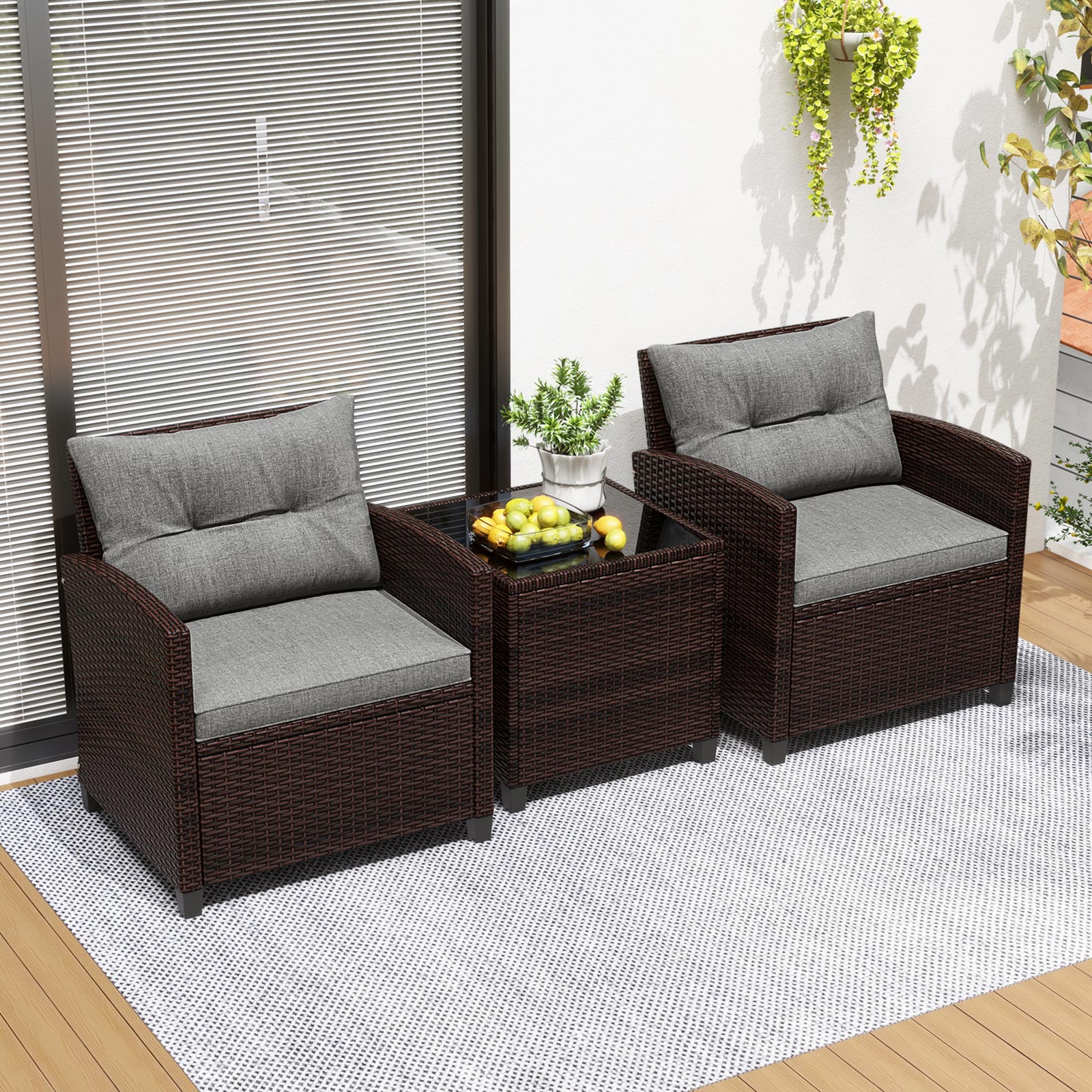 Ensemble de 3 meubles de patio en rotin avec coussins lavables - Gris