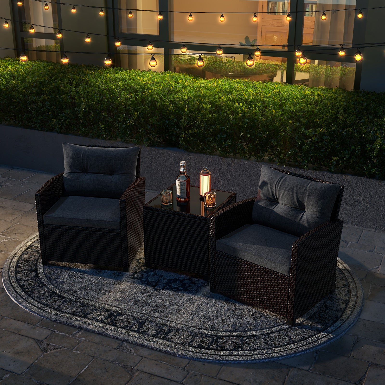 Ensemble de 3 meubles de patio en rotin avec coussins lavables - Gris