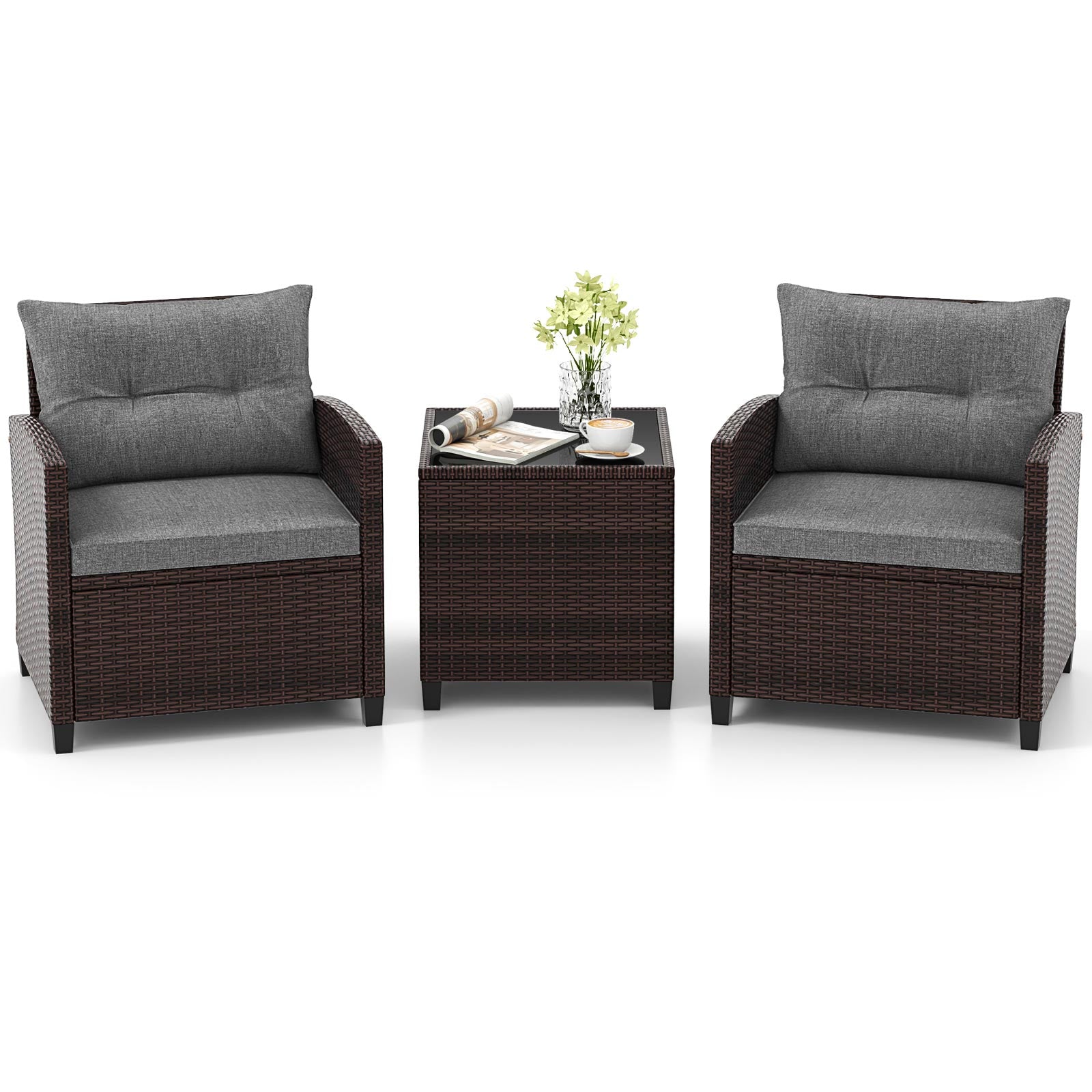 Ensemble de 3 meubles de patio en rotin avec coussins lavables - Gris