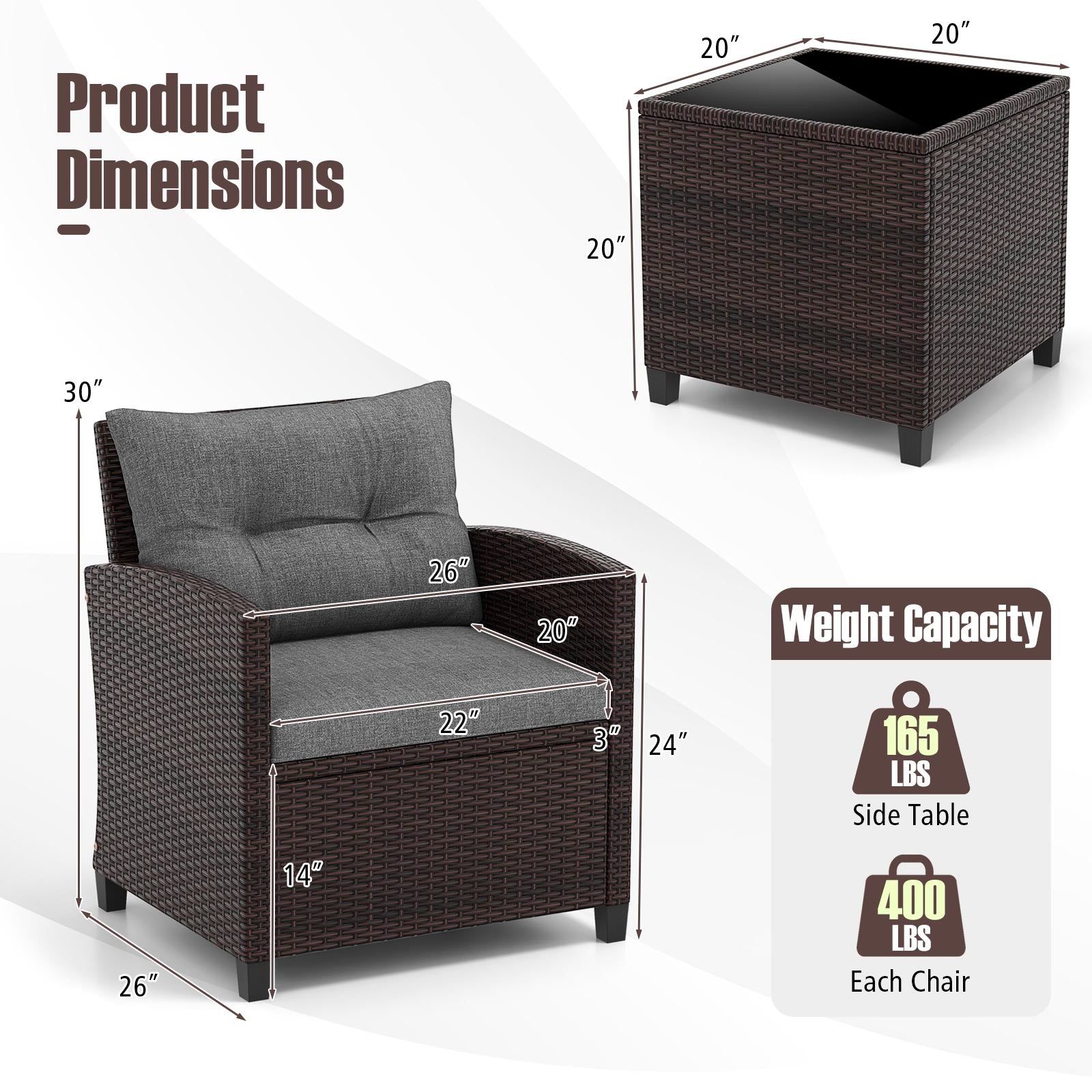 Ensemble de 3 meubles de patio en rotin avec coussins lavables - Gris