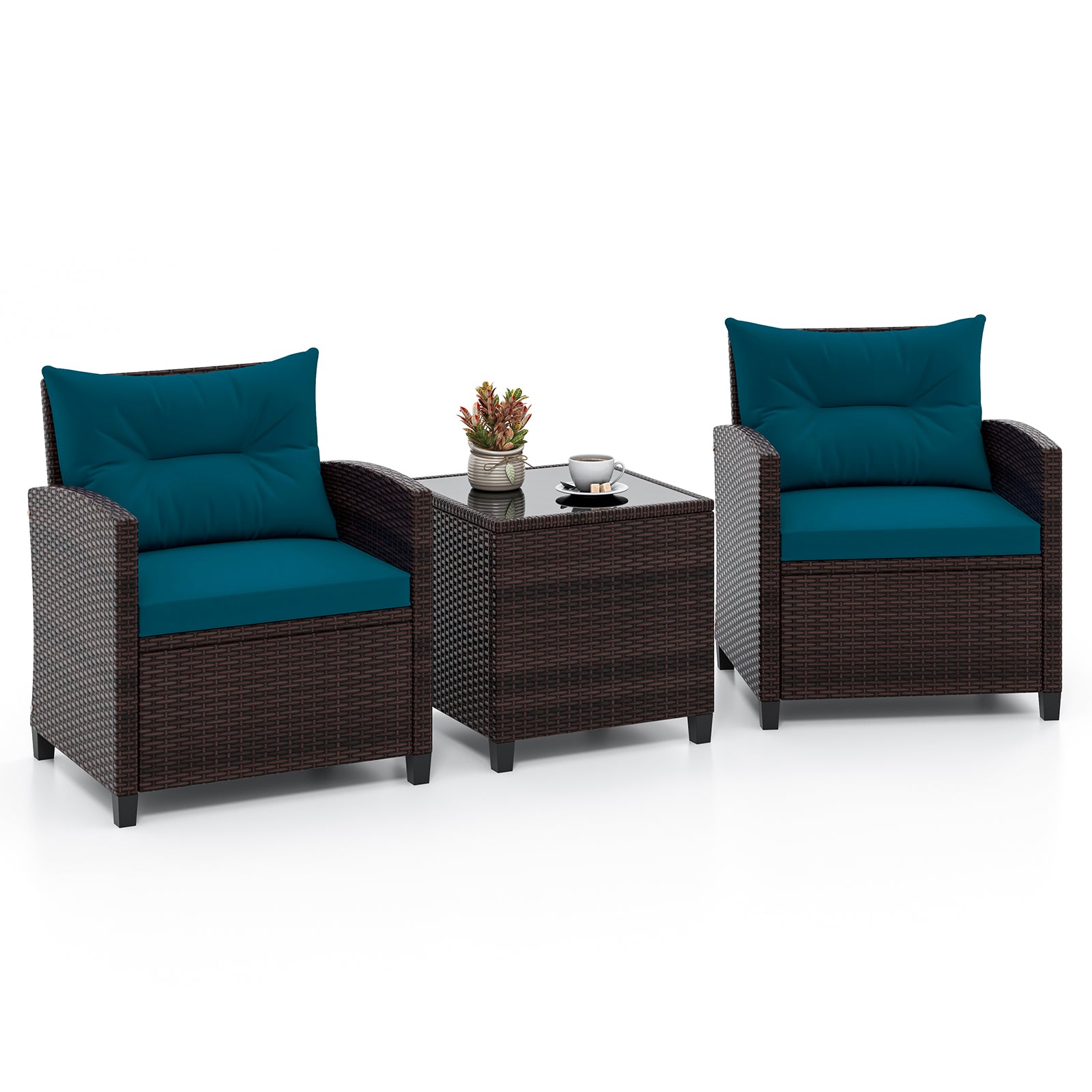 Ensemble de mobilier de jardin en rotin 3 pièces avec coussins lavables - Bleu paon