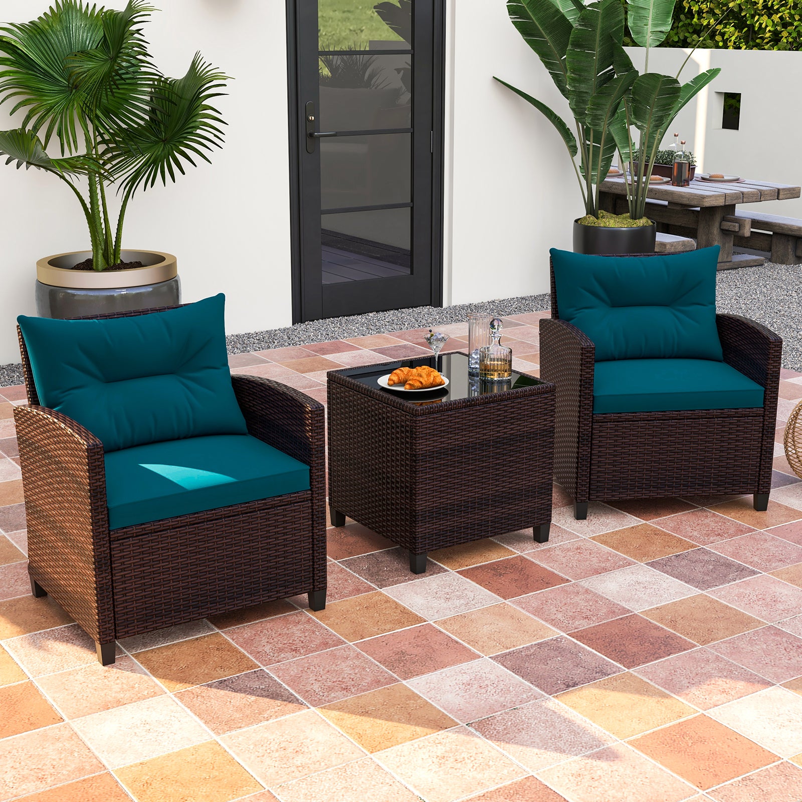 Ensemble de mobilier de jardin en rotin 3 pièces avec coussins lavables - Bleu paon