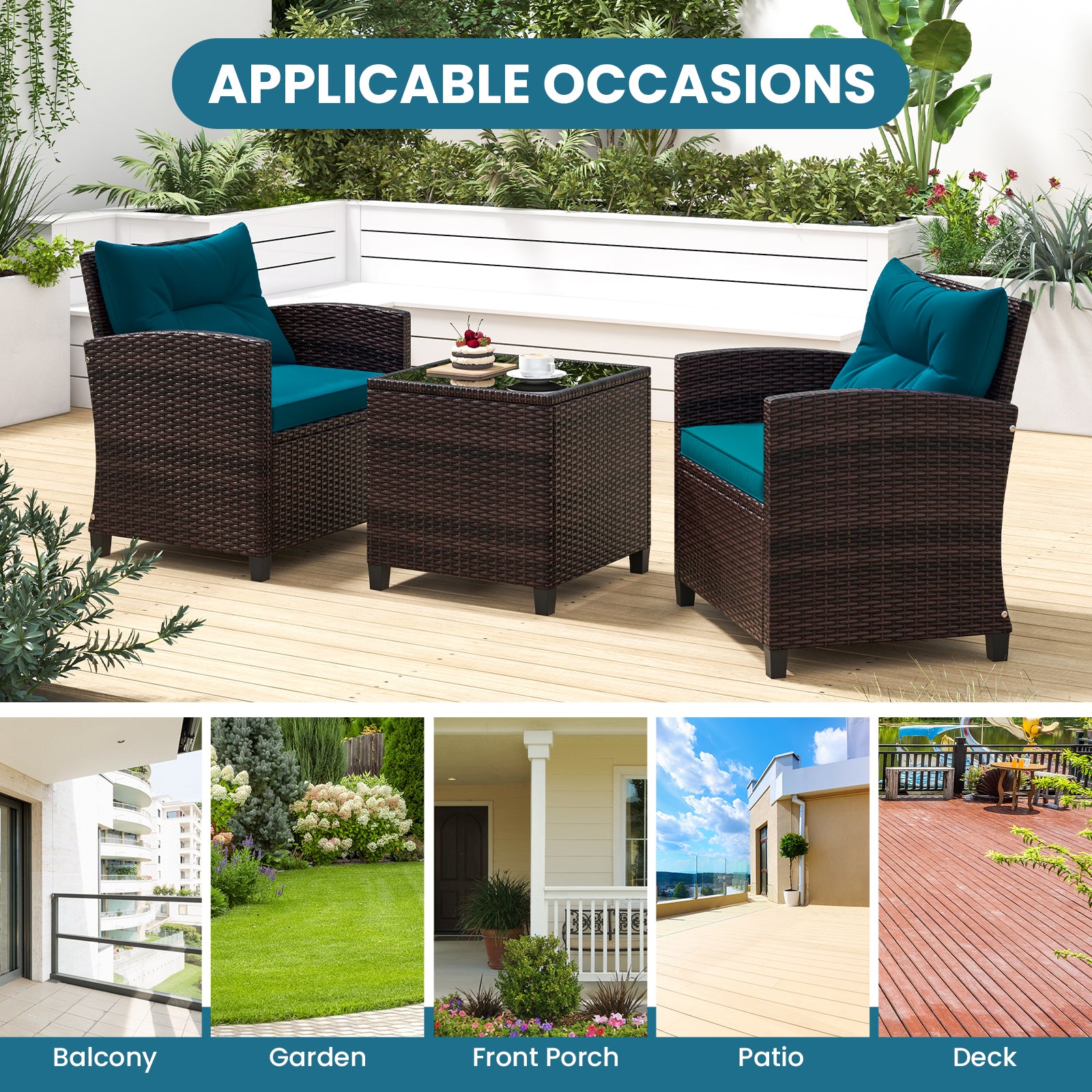 Ensemble de mobilier de jardin en rotin 3 pièces avec coussins lavables - Bleu paon