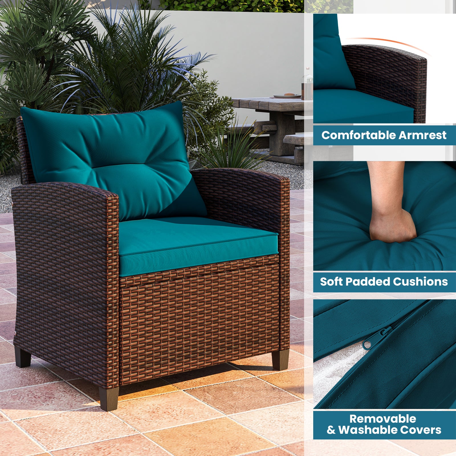Ensemble de mobilier de jardin en rotin 3 pièces avec coussins lavables - Bleu paon