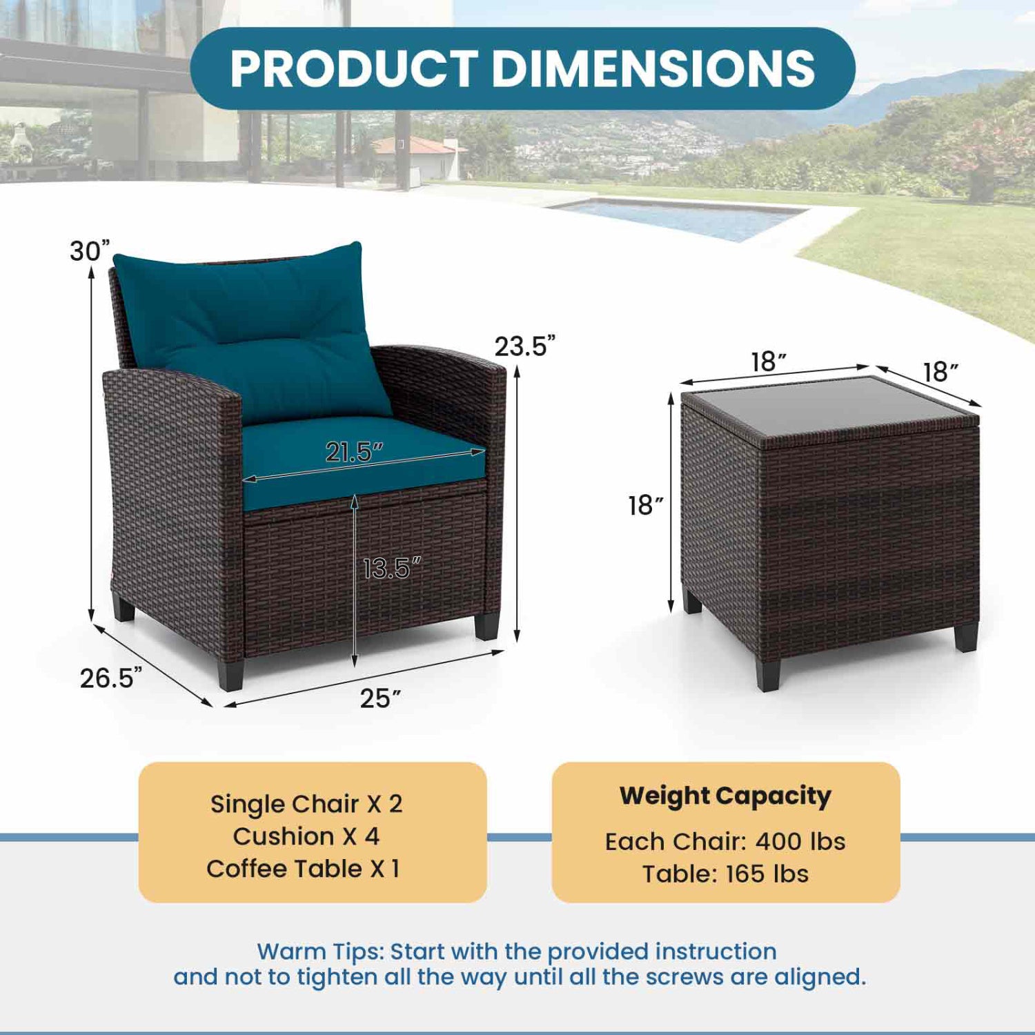 Ensemble de mobilier de jardin en rotin 3 pièces avec coussins lavables - Bleu paon
