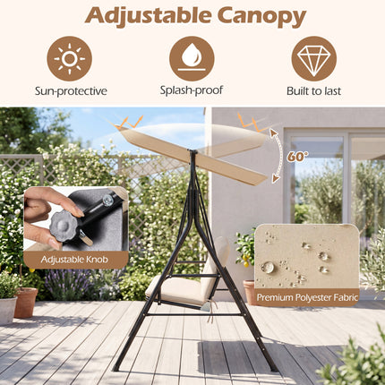 3-Seat Patio Swing Chair with Adjustable Canopy & Removable Cushion-Beige
