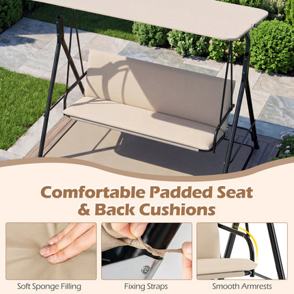 3-Seat Patio Swing Chair with Adjustable Canopy & Removable Cushion-Beige