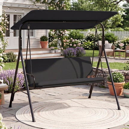 3-Seat Patio Swing Chair with Adjustable Canopy & Removable Cushion-Black