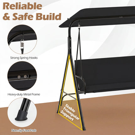 3-Seat Patio Swing Chair with Adjustable Canopy & Removable Cushion-Black