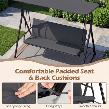3-Seat Patio Swing Chair with Adjustable Canopy & Removable Cushion-Gray