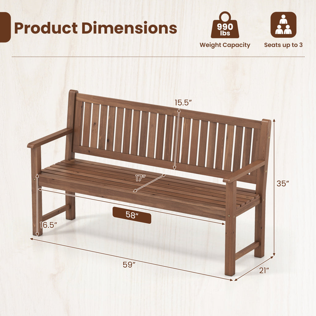3-Seater Outdoor Wooden Bench 59 inch Large Garden Bench with Backrest-Brown