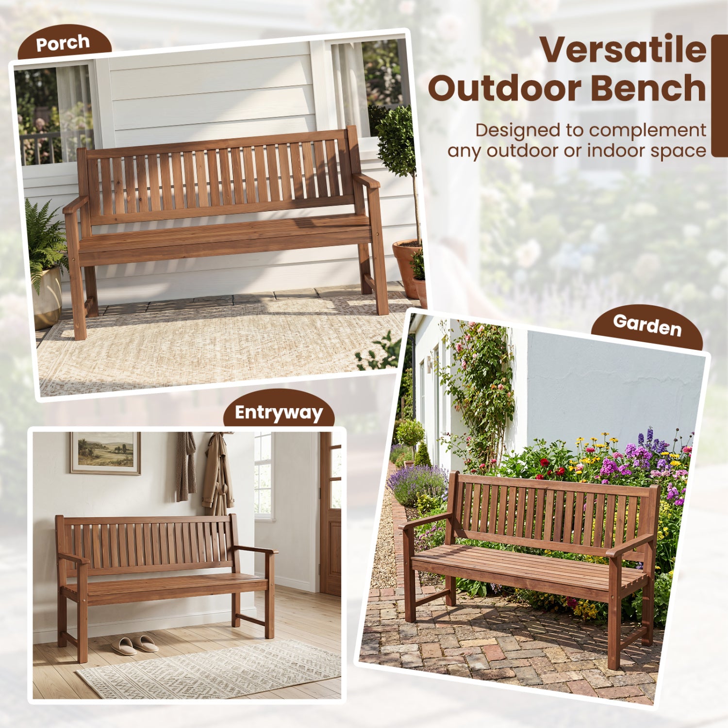 3-Seater Outdoor Wooden Bench 59 inch Large Garden Bench with Backrest-Brown