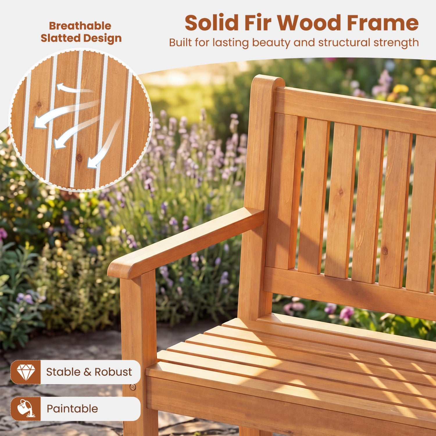 3-Seater Outdoor Wooden Bench 59 inch Large Garden Bench with Backrest-Yellow