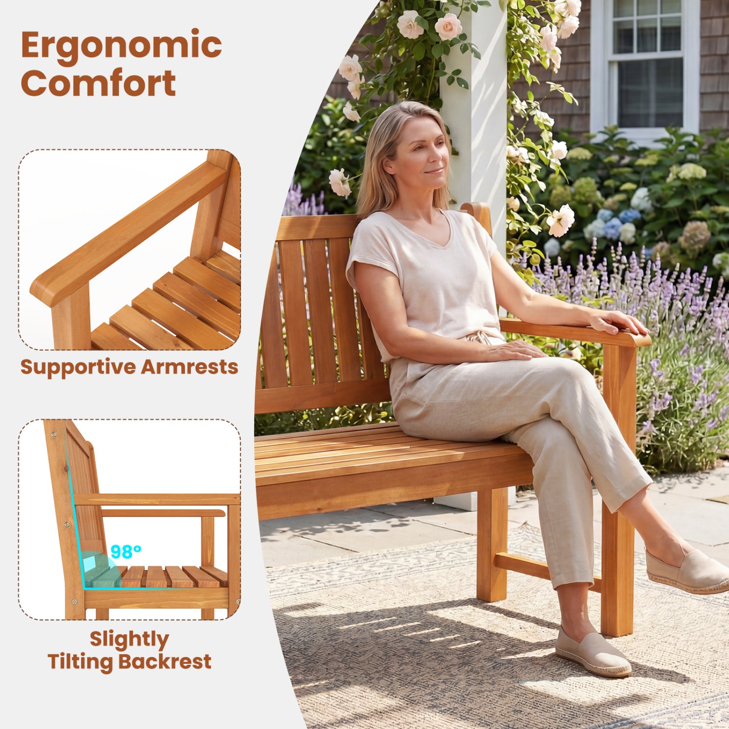 3-Seater Outdoor Wooden Bench 59 inch Large Garden Bench with Backrest-Yellow