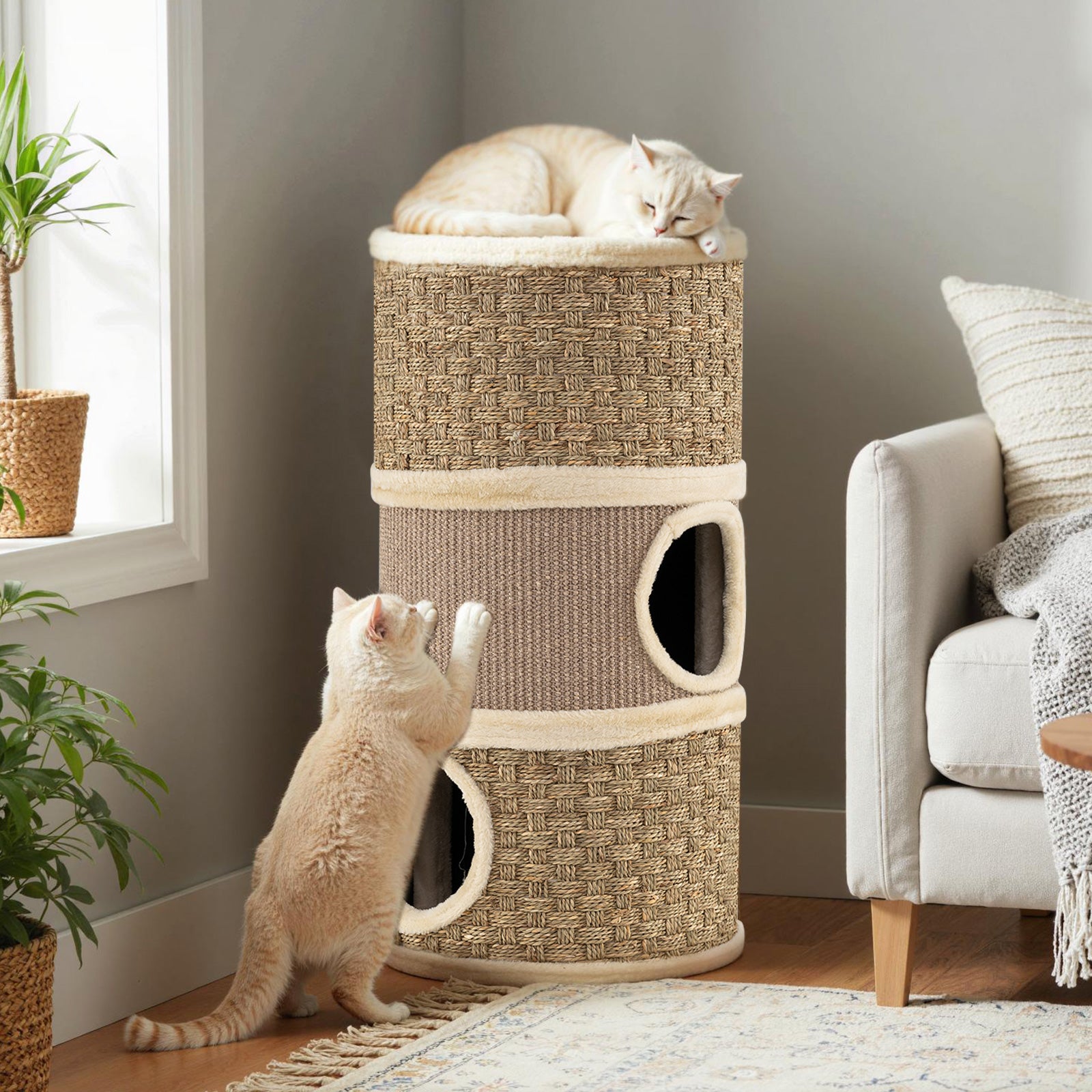 3-Story Cat Condo 28 Inch Multi-level Cat Hideaway with Sisal Scratching Pad-Brown