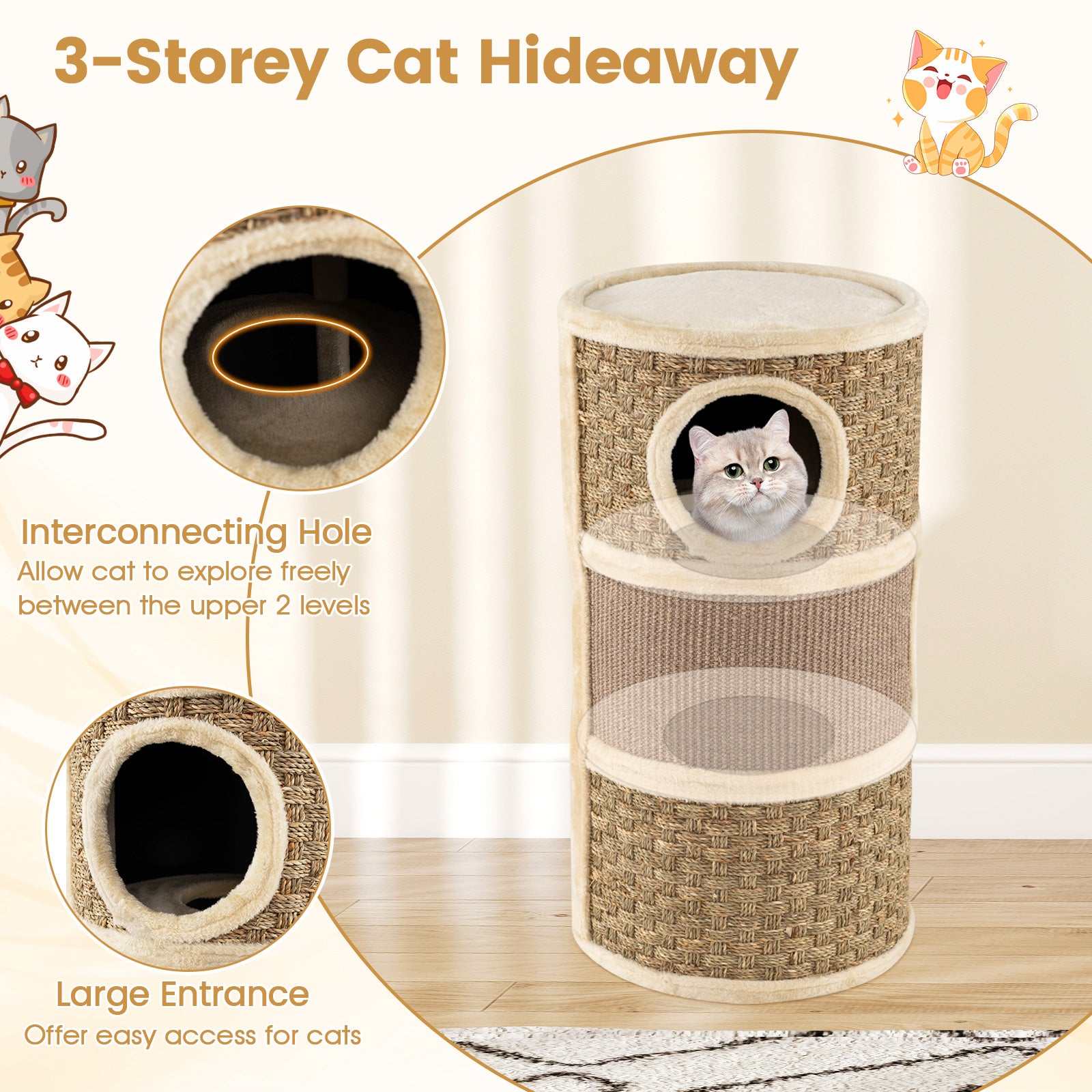 3-Story Cat Condo 28 Inch Multi-level Cat Hideaway with Sisal Scratching Pad-Brown