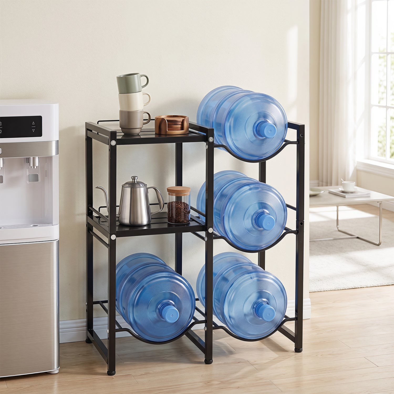 Support de rangement pour bonbonnes d'eau de 19 litres à 3 niveaux avec étagères-Noir