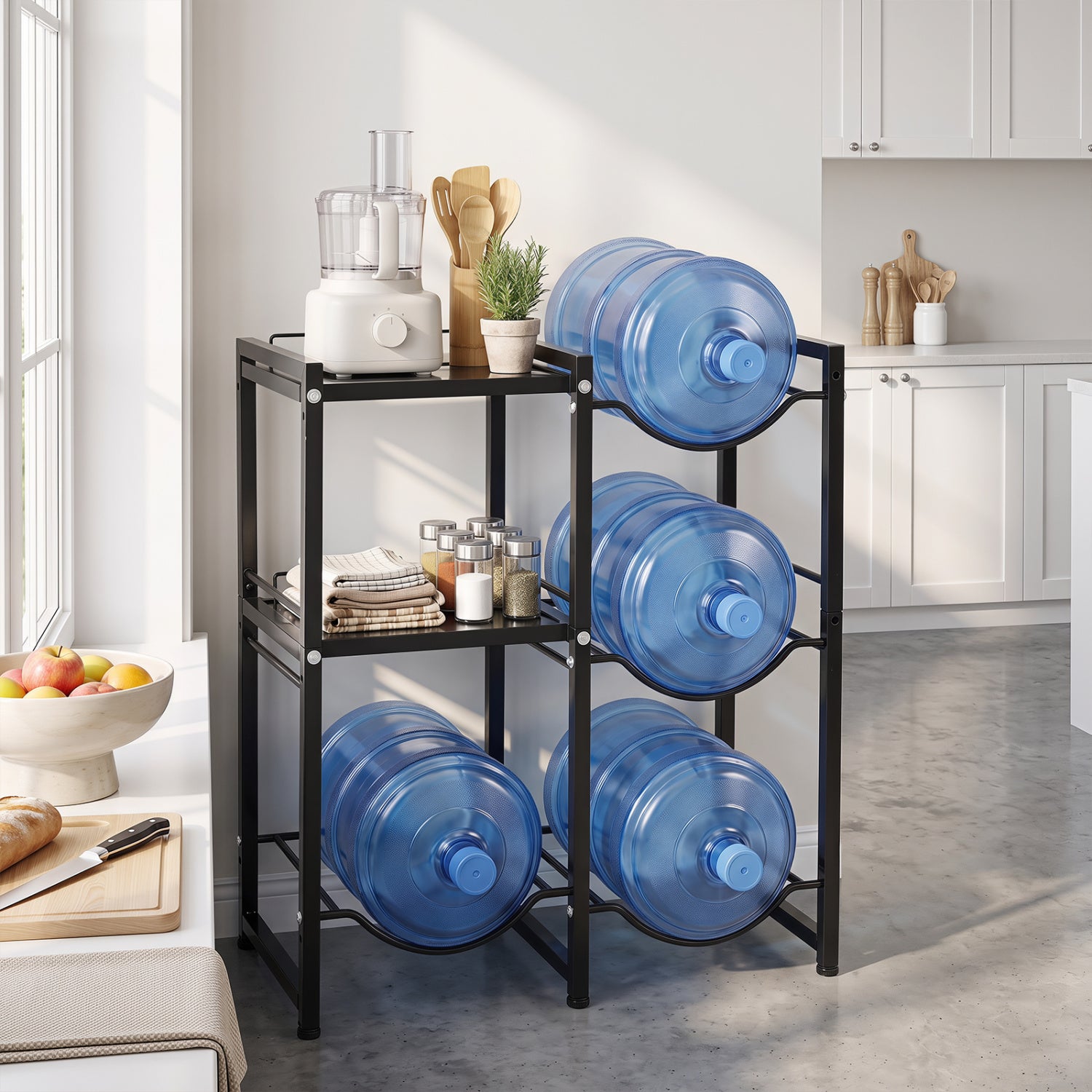 Support de rangement pour bonbonnes d'eau de 19 litres à 3 niveaux avec étagères-Noir