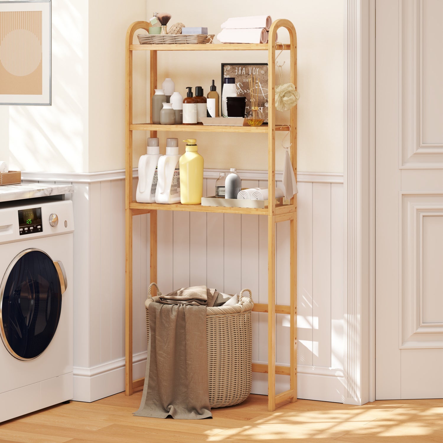 3-Tier Bamboo Bathroom Floor Organizer with 5-Position Shelves and 3 Hooks-Natural