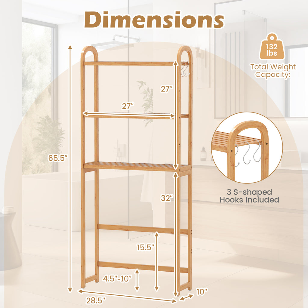 3-Tier Bamboo Bathroom Floor Organizer with 5-Position Shelves and 3 Hooks-Natural