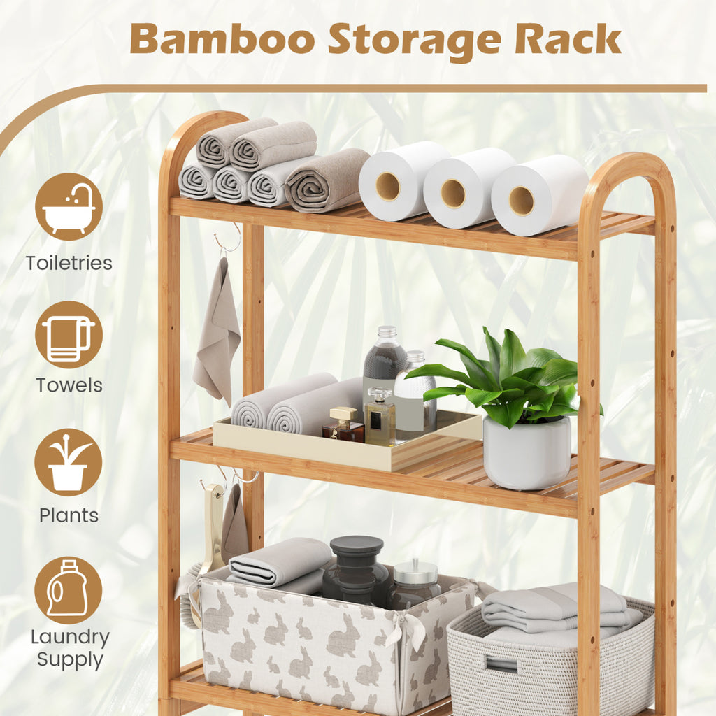 3-Tier Bamboo Bathroom Floor Organizer with 5-Position Shelves and 3 Hooks-Natural