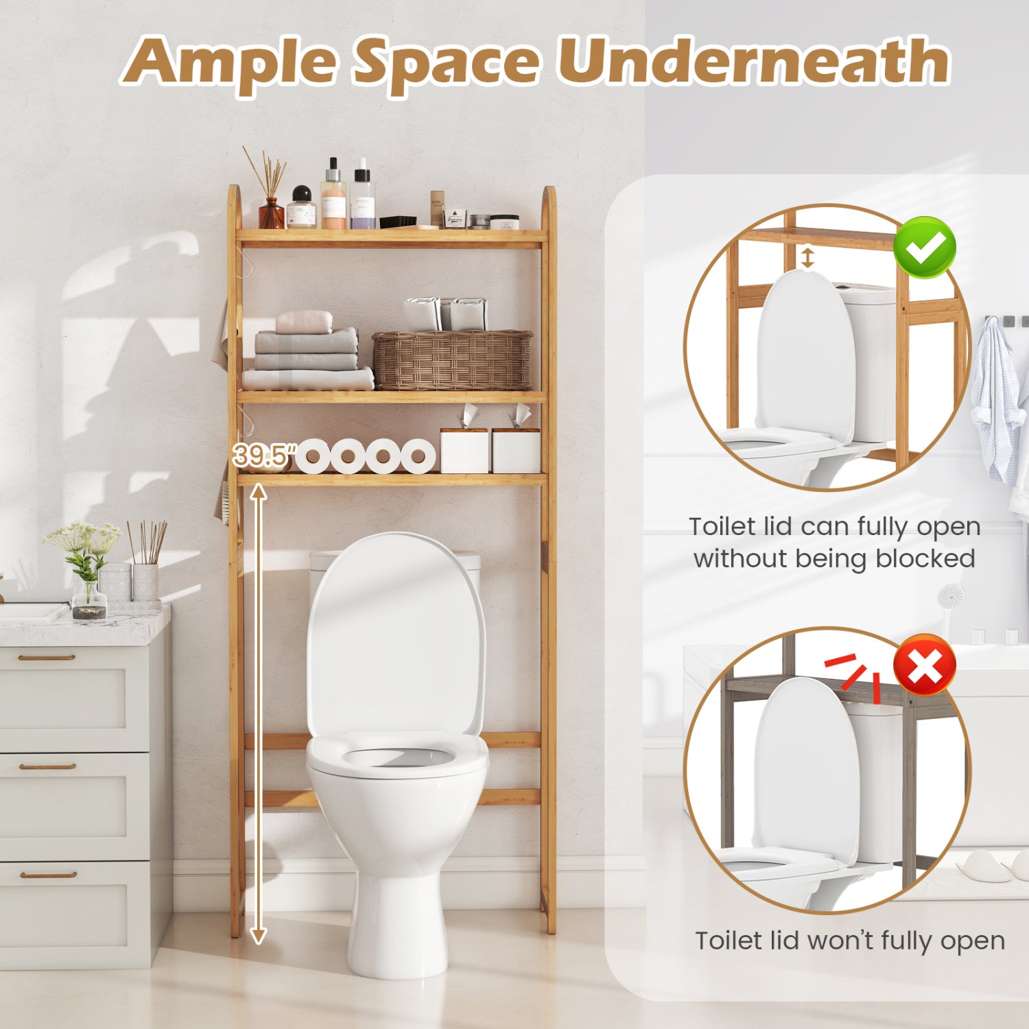 3-Tier Bamboo Bathroom Floor Organizer with 5-Position Shelves and 3 Hooks-Natural