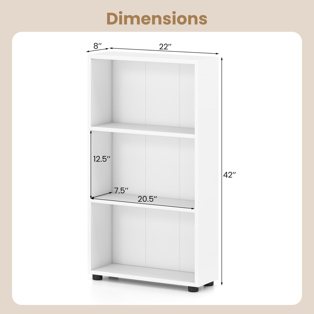 3-Tier Bookcase 42 inch Tall Book Shelf with Anti-Tipping Kit-White