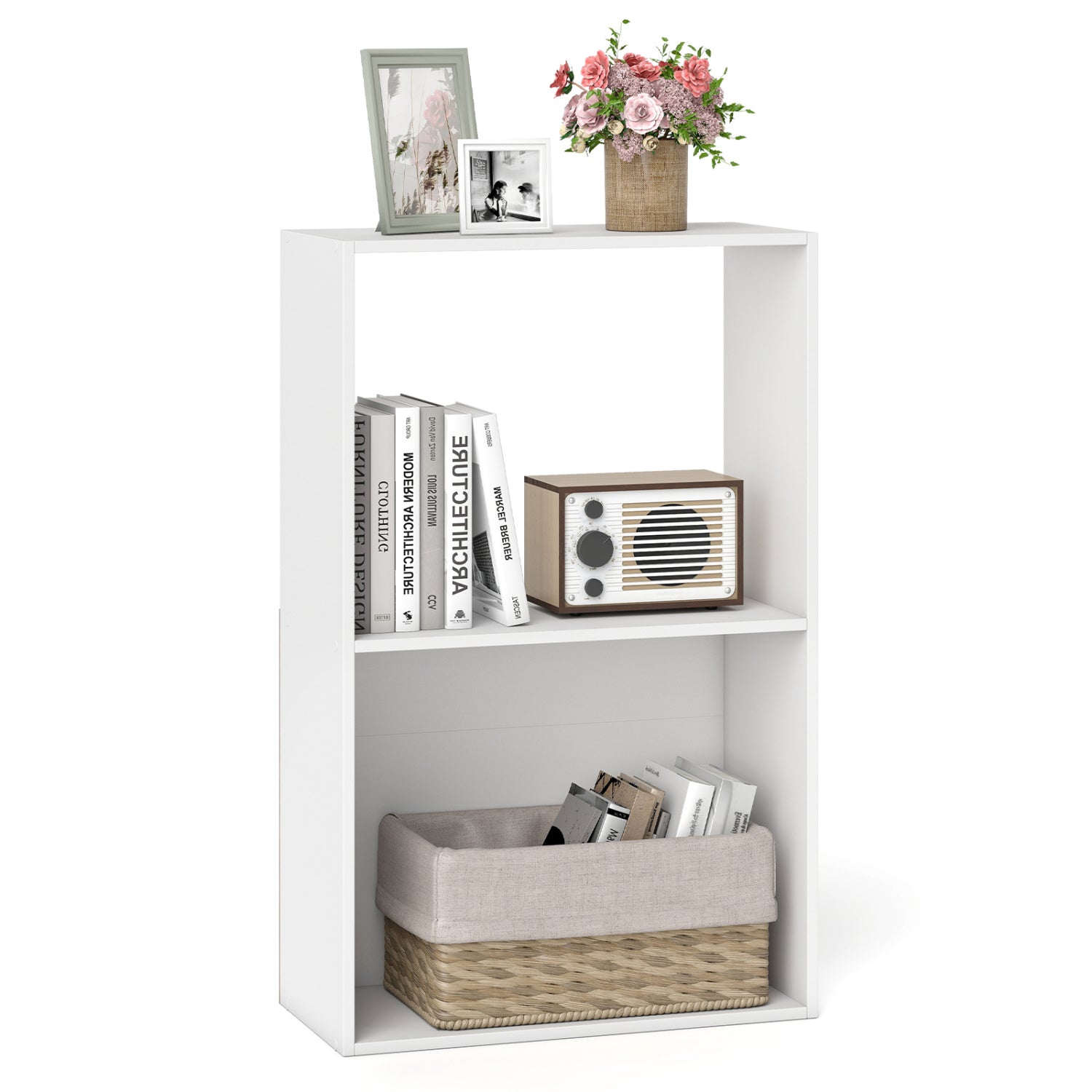 3-Tier Bookshelf with Open Storage Compartment and Freestanding Display Shelf-White