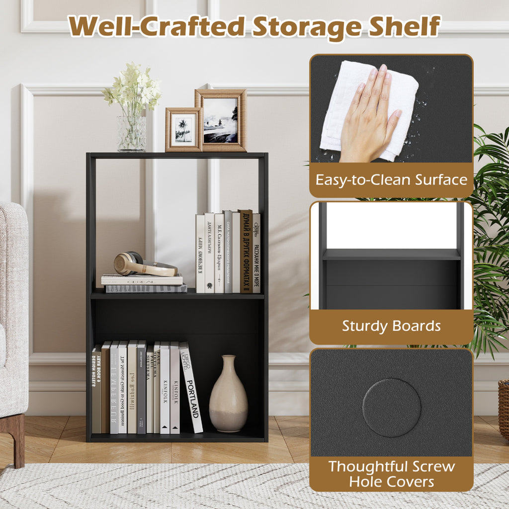 3-Tier Bookshelf with Open Storage Compartment and Freestanding Display Shelf-Black
